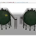 Green Spherical Industrial Equipment Tanks Featuring Metal Ladders Support Structures And Yellow Labels