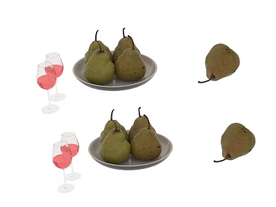 Fresh Green Pears On White Plate With Red Wine Glasses Arrangement 3d model