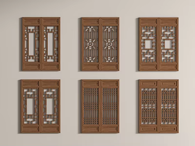 Traditional Chinese Wooden Carved Doors with Intricate Lattice Patterns Set 3d model