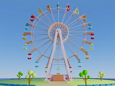 Colorful Ferris Wheel With Bright Cabins Against Clear Blue Sky And Small Trees 3d model