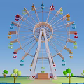 Colorful Ferris Wheel With Bright Cabins Against Clear Blue Sky And Small Trees