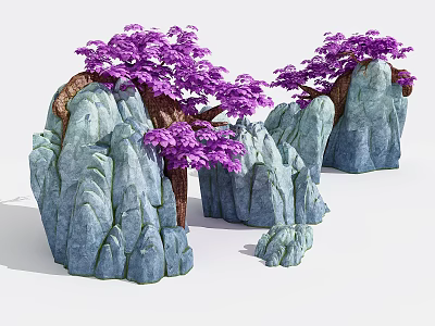 Garden Ornament with Gray Rocks and Purple Trees in Natural Rockery Style 3d model