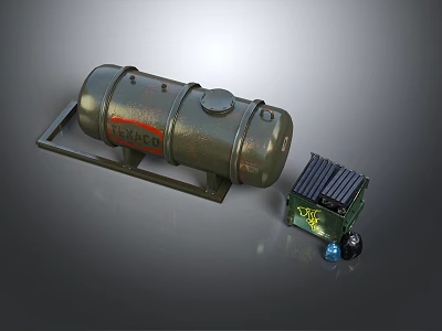 Military Green Fuel Tank With Red Danger Sign Alongside Green C4 Box And Small Spheres 3d model