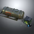 Military Green Fuel Tank With Red Danger Sign Alongside Green C4 Box And Small Spheres