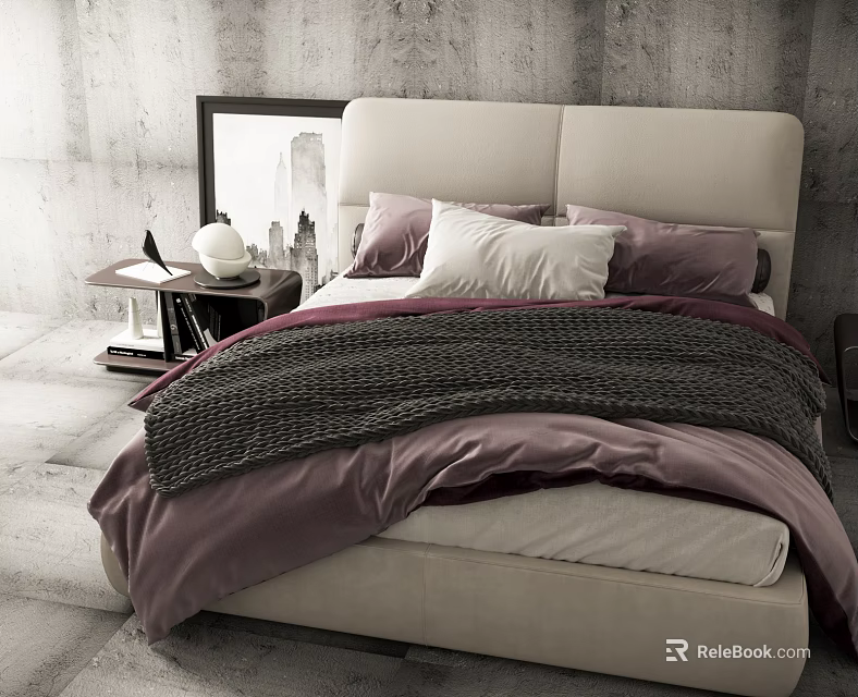Modern Double Bed With White Headboard Purple White Bedding And Gray Knitted Blanket 3d model 