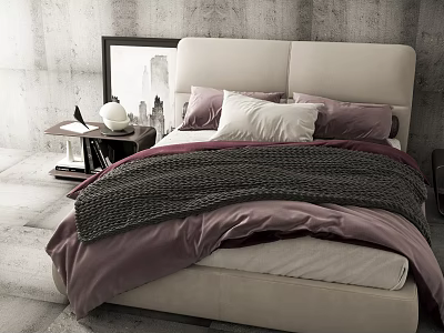 Modern Double Bed With White Headboard Purple White Bedding And Gray Knitted Blanket 3d model