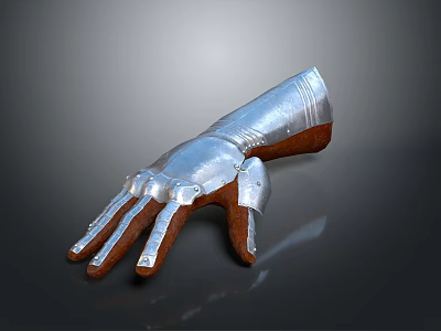 Heavy Duty Silver Metal Gauntlet With Brown Leather Wrist Band For Daily Protection 3d model
