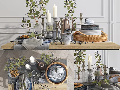 Elegant Dinnerware Set With Greenery Candles Wooden Tray Plates And Table Arrangement 3d model