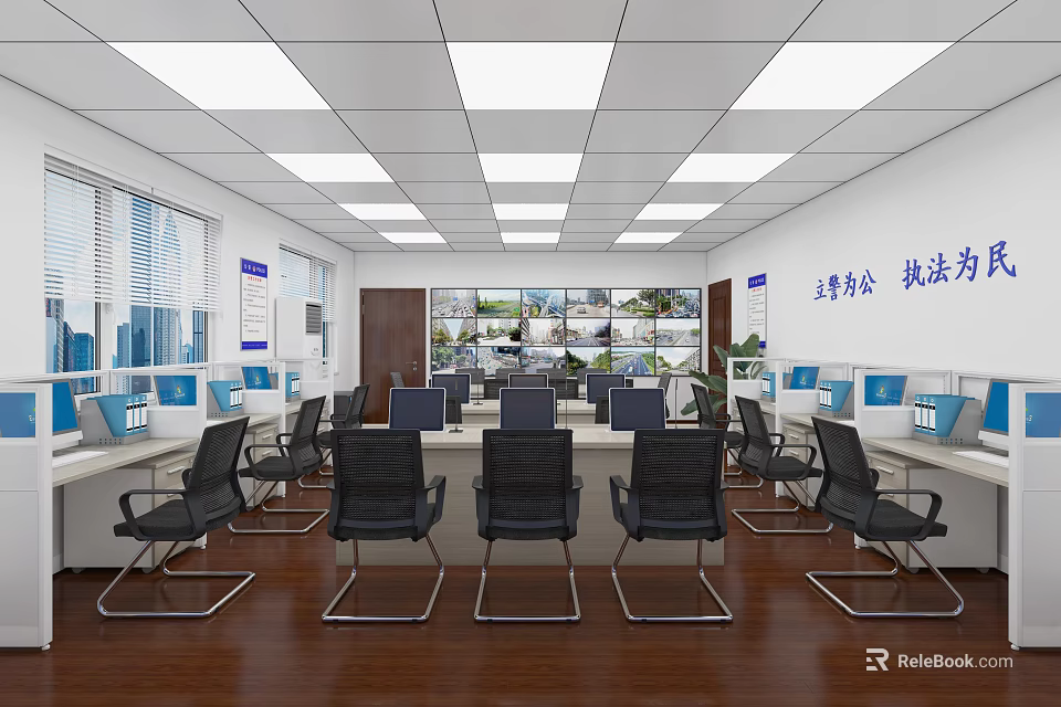 Law Enforcement Surveillance Room With Multiple Monitors Workstations And Office Chairs 3d model 
