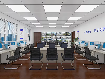 Law Enforcement Surveillance Room With Multiple Monitors Workstations And Office Chairs 3d model