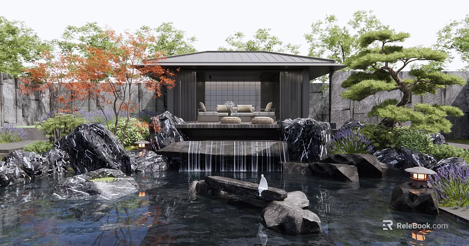 Peaceful Courtyard Garden Featuring Wooden Gazebo Comfortable Sofas Small Waterfall Decorative Rocks And Ornamental Trees 3d model 