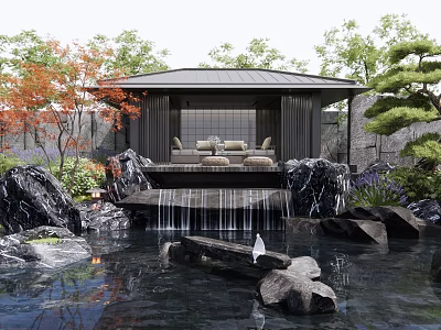 Peaceful Courtyard Garden Featuring Wooden Gazebo Comfortable Sofas Small Waterfall Decorative Rocks And Ornamental Trees 3d model