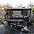Peaceful Courtyard Garden Featuring Wooden Gazebo Comfortable Sofas Small Waterfall Decorative Rocks And Ornamental Trees