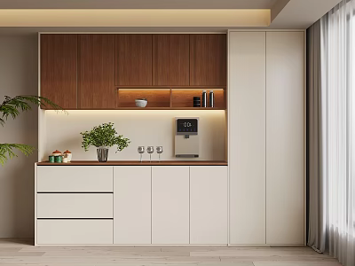Modern Wine Cabinet Interior With Wooden Panels White Cabinets And Built In Lighting 3d model
