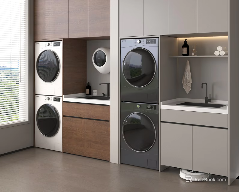 Modern Laundry Room Design With Stacked Washers Dryers Cabinets And Sink 3d model 