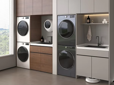 Modern Laundry Room Design With Stacked Washers Dryers Cabinets And Sink 3d model