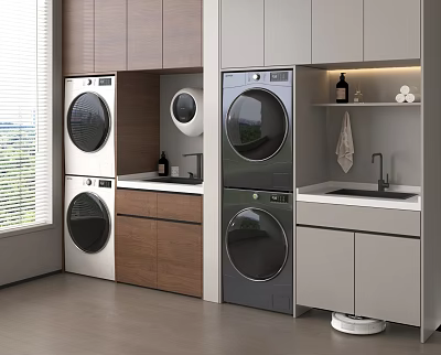 Modern Laundry Room Design With Stacked Washers Dryers Cabinets And Sink 3d model