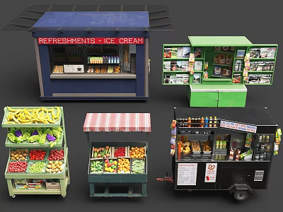 Colorful Food Stalls Featuring Fresh Fruits Vegetables Ice Cream And Refreshments 3d model