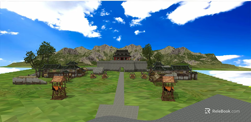 Ancient Village Scene With Green Mountains Stone Path And Traditional Buildings 3d model 
