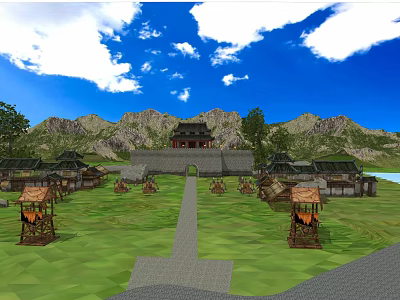 Ancient Village Scene With Green Mountains Stone Path And Traditional Buildings 3d model