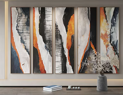 Modern Five Panel Abstract Paintings With Orange Black White Gray Tones For Interior Wall Decor 3d model