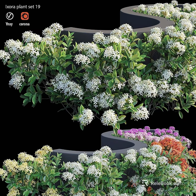 Vibrant Tiered Garden Decor With White Flowers Green Foliage And Purple Orange Blooms 3d model 