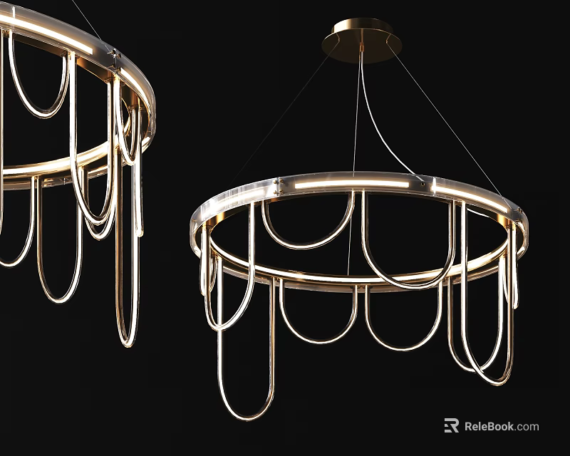 Illuminated Modern Brass Chandeliers With Circular Structure And Hanging Metal Loops 3d model 