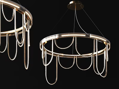 Illuminated Modern Brass Chandeliers With Circular Structure And Hanging Metal Loops 3d model