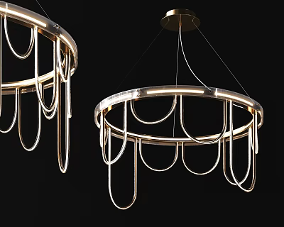 Illuminated Modern Brass Chandeliers With Circular Structure And Hanging Metal Loops 3d model
