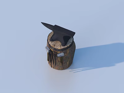 Rustic Anvil On Tree Stump Base With Hanging Metal Tools For Workshop 3d model