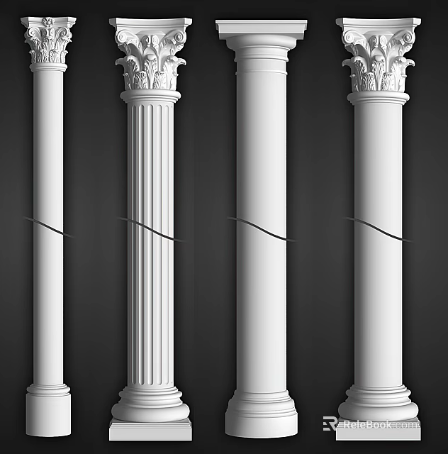 White Classical Columns With Fluted Details Decorative Capitals And Various Designs Against Dark Background 3d model 