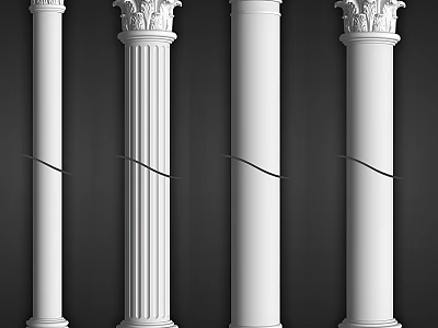 White Classical Columns With Fluted Details Decorative Capitals And Various Designs Against Dark Background 3d model