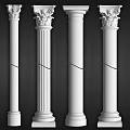 White Classical Columns With Fluted Details Decorative Capitals And Various Designs Against Dark Background