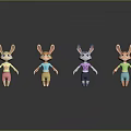 Four Colorful Cartoon Rabbit Figures In Different Outfits Standing With Reflections On Black Background