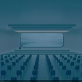 Modern Auditorium Interior With Rows Of Blue Chairs And Large Front Screen