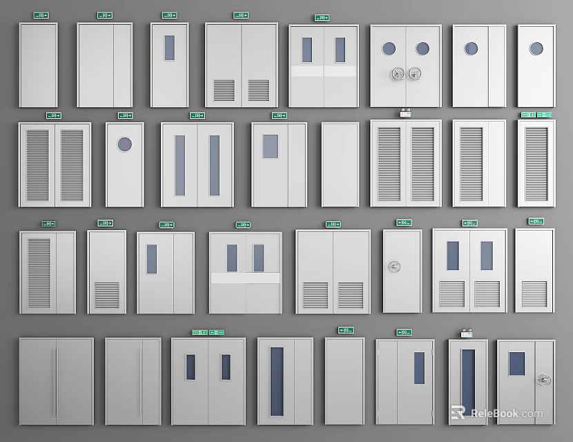 Various Safety Door Designs With Emergency Exit Signs And Ventilation Panels 3d model 