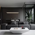 Modern Living Room With Black Sofa White Coffee Table Gray Rug Green Plant And Blinds