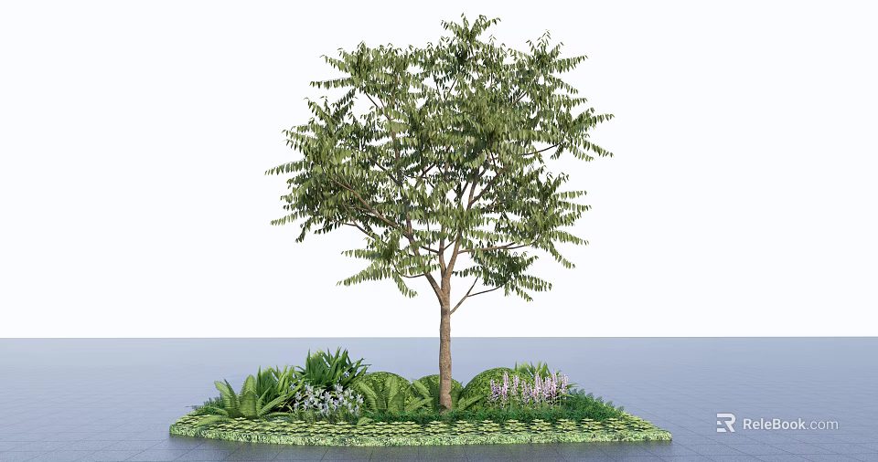 Tall Arbor Tree With Lush Green Leaves Small Flowers And Surrounding Plants On Landscaped Ground 3d model 