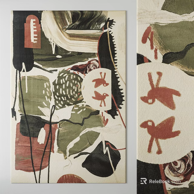 Square Rug Featuring Abstract Artistic Patterns In Green Red Black Decorative Design 3d model