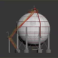 Industrial Storage Tank With Silver Metallic Surface And Red Yellow Staircase Platform
