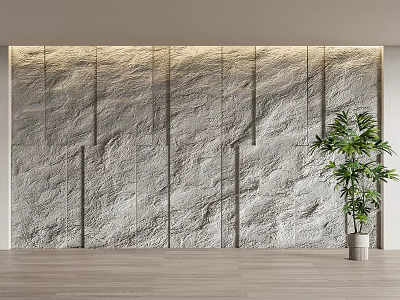 Modern Stone Texture Background Wall With Potted Plant And Wooden Floor 3d model