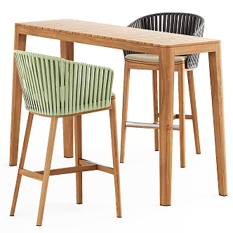 Modern Bar Table and Chair Rattan Bar Chair Solid Wood Long Table 3d model