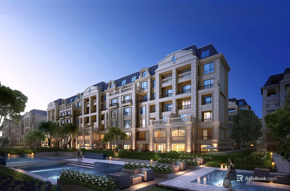 Luxury Residential Building Exterior With Elegant Design Landscaped Gardens Water Features And Evening Lights 3d model 