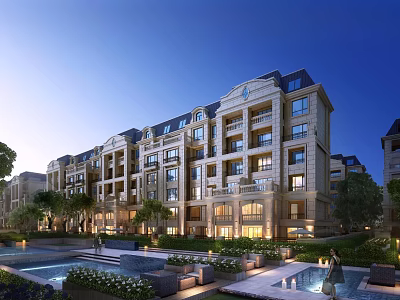 Luxury Residential Building Exterior With Elegant Design Landscaped Gardens Water Features And Evening Lights 3d model