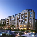 Luxury Residential Building Exterior With Elegant Design Landscaped Gardens Water Features And Evening Lights
