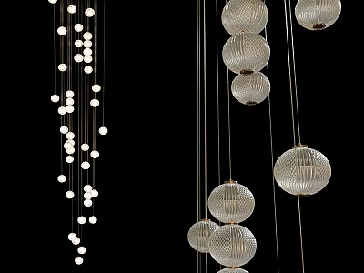 Multi Tiered Modern Chandeliers Featuring Spherical Glass Mesh Balls And Hanging Strings 3d model