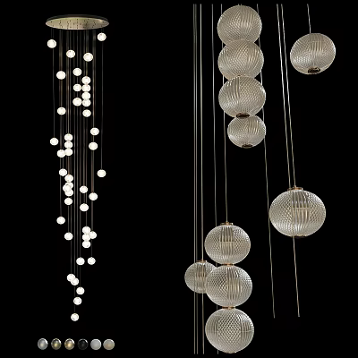 Multi Tiered Modern Chandeliers Featuring Spherical Glass Mesh Balls And Hanging Strings 3d model