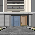 Modern Entrance Gate With Glass Wooden Elements Steps Decorative Pavement And Multi Story Building Balconies