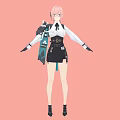 Woman with pink hair wearing glasses white shirt black skirt and mechanical device on shoulder