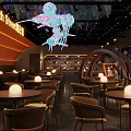Stylish Bar Interior Design Featuring Moon Decor Neon Lights Orange Walls And Brown Chairs